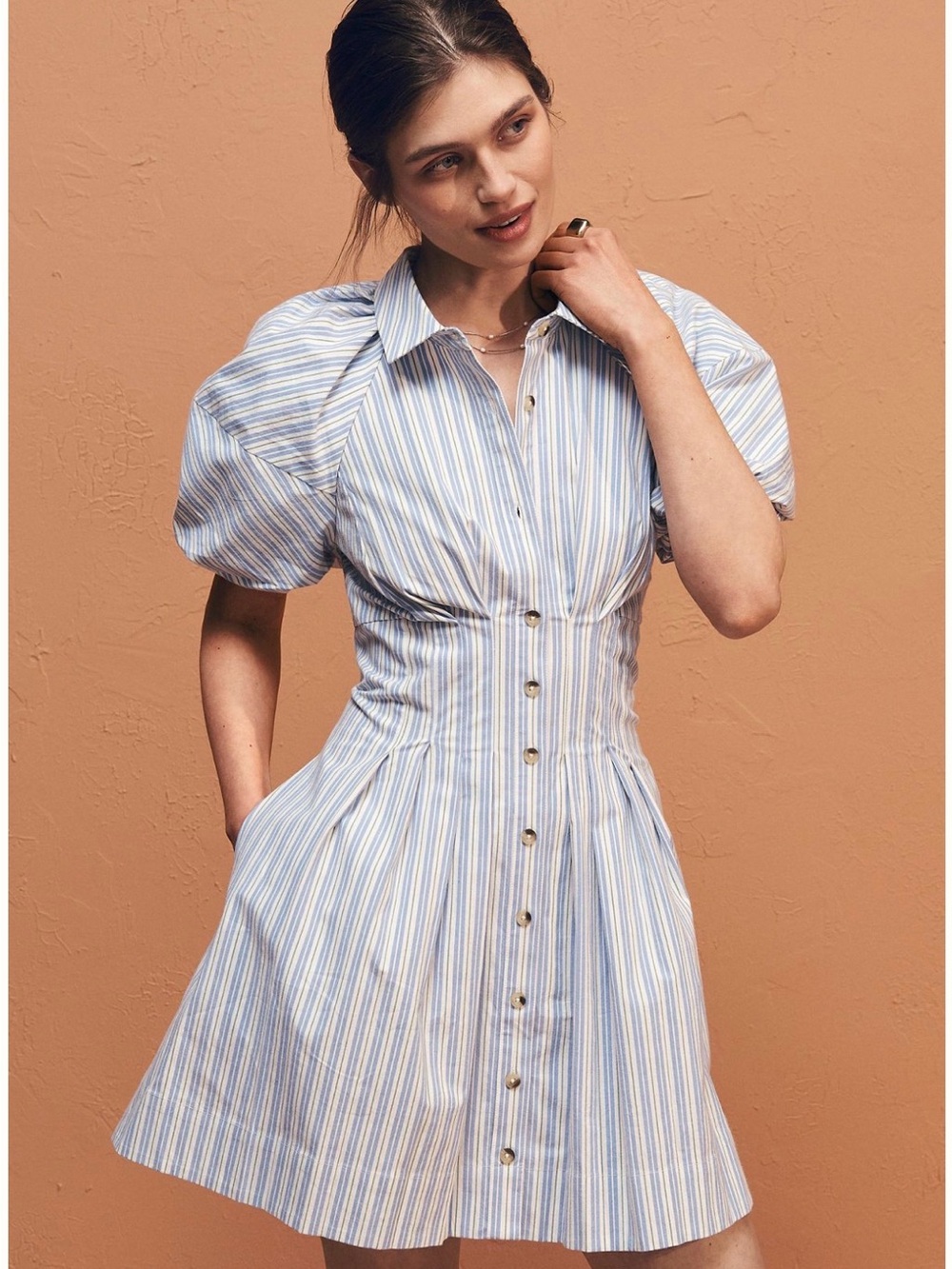 Anthropologie Blue and White Striped Puff-Sleeve Mini Dress